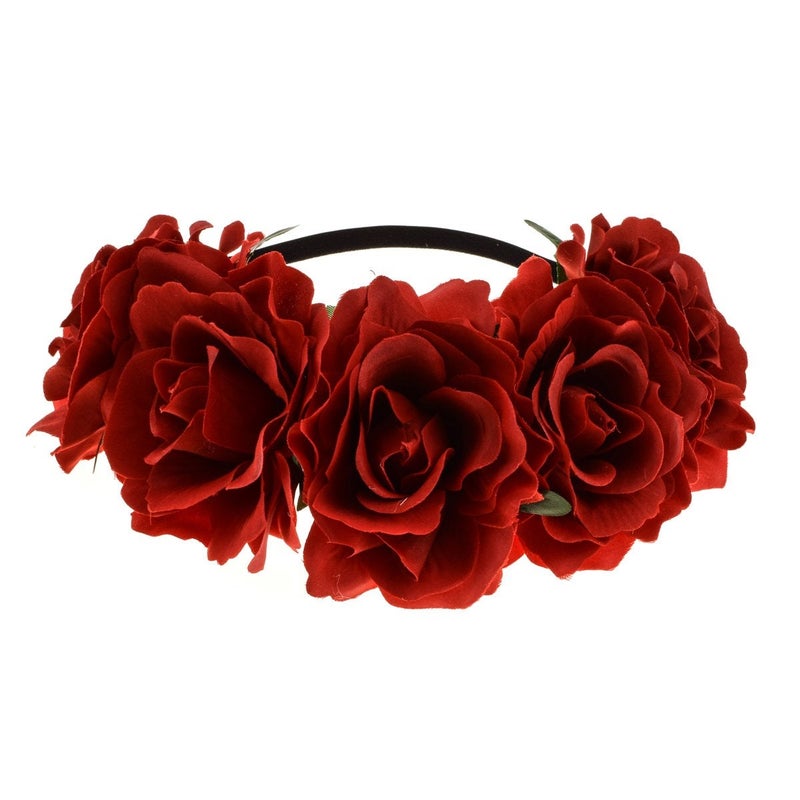June Bloomy Rose Floral Crown Garland Flower Headband Headpiece for Wedding Festival (Dark Red) - Image 1